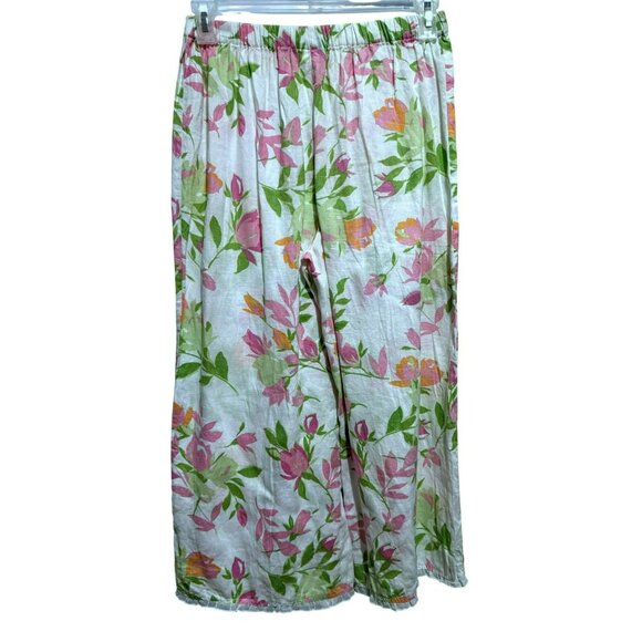 Cotton Connection Vtg Linen Flora Elastic Waist Wide Leg Pants Ruffle Trim Sz M - Picture 1 of 7